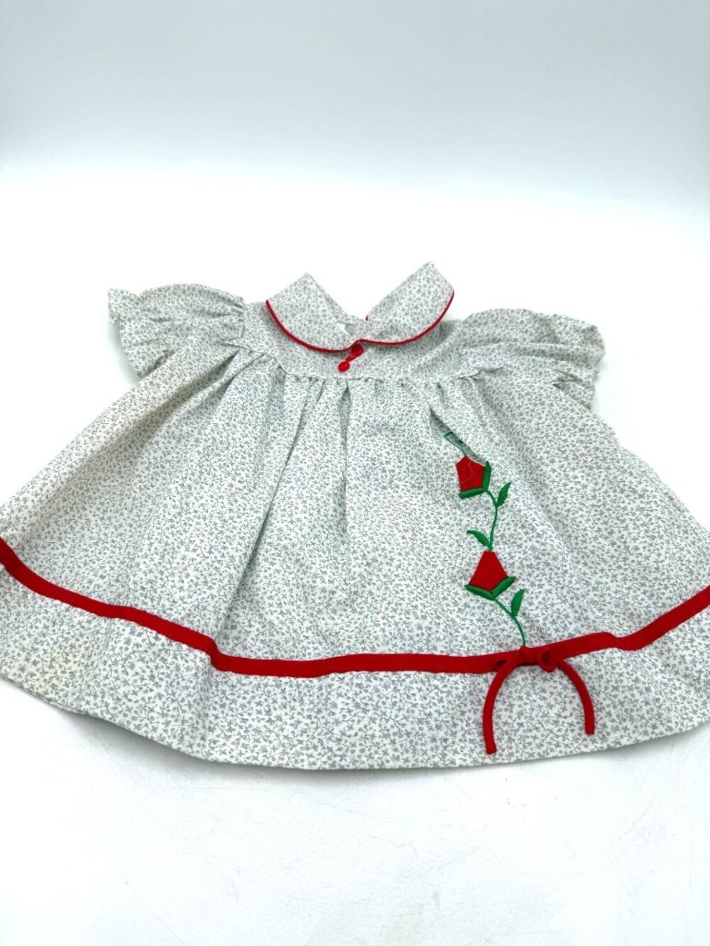 Vintage Baby Dress White Floral Print Red Embroidered Roses sz 12 mths